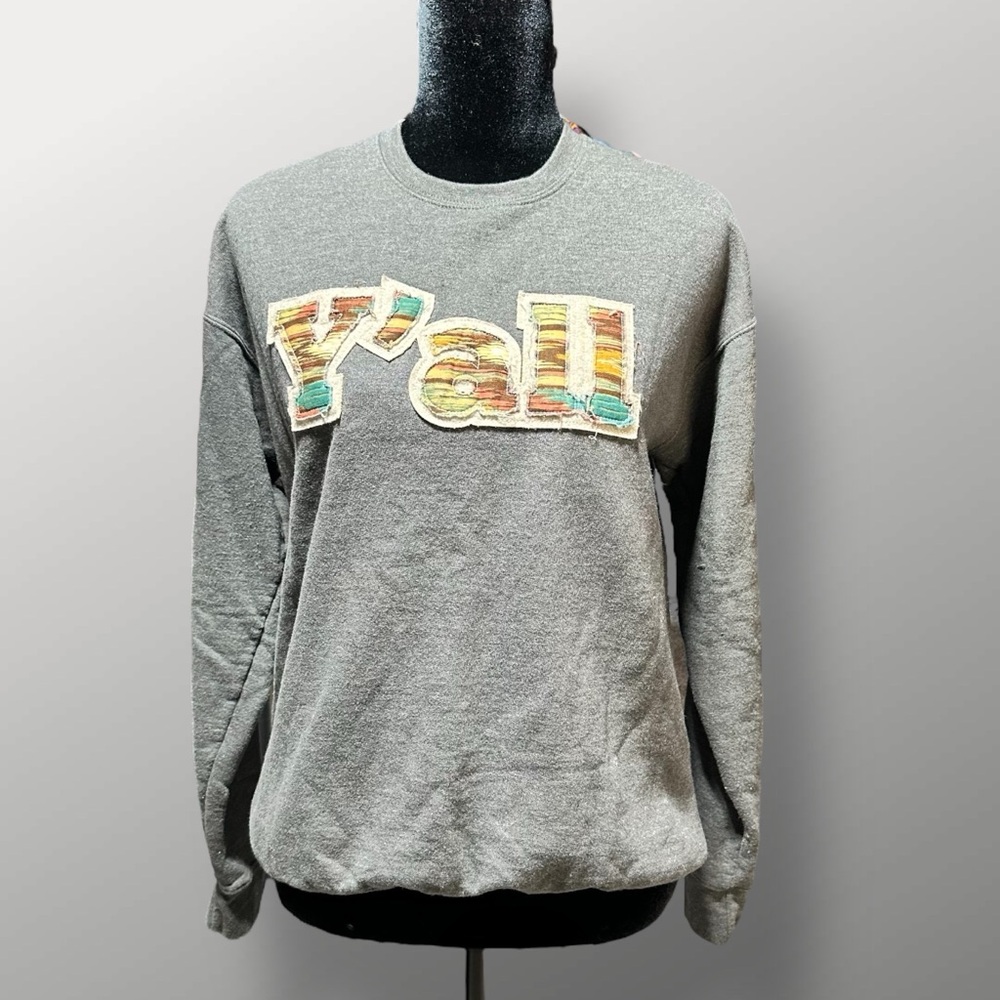 Tultex Women’s S Gray Crewneck Sweatshirt w/ Colorful “Y’all” Patch Design